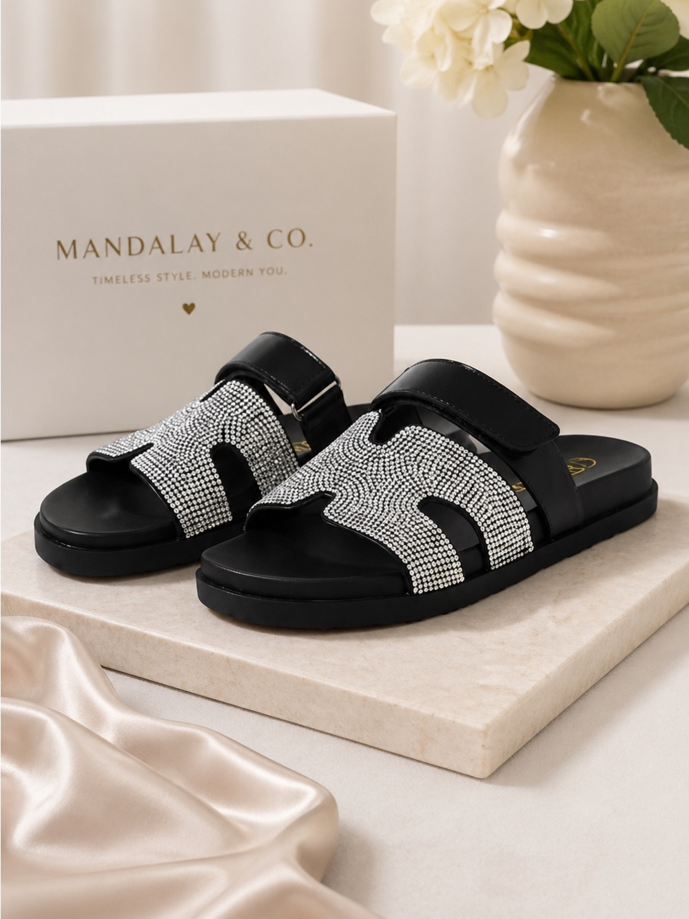 STARDUST BLACK EMBELLISHED SLIP ON SLIDES